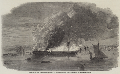 Burning of the "Eastern Monarch" at Spithead (engraving)