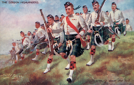 The Gordon Highlanders, Swarming down the hill (colour litho)