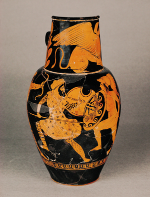 A Greek and a Persian warrior fighting (terracotta)