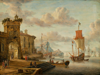Harbour scene with ancient ruins, 1666 (oil on panel)