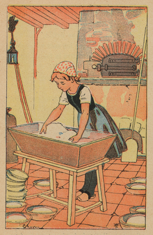 Young girl preparing dough to make bread (colour litho)