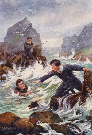 Eric leaning out as far as he could reach, caught his hand (colour litho)