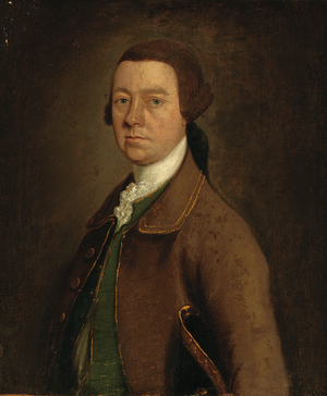 Portrait of Sir Francis Skipwith, half-length, in a brown coat and green waistcoat with a hat under his left arm (oil on canvas)