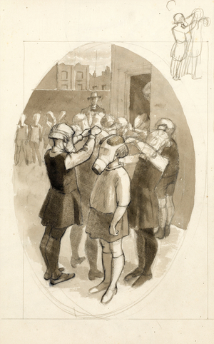 Gas Mask Drill, with sketch to top right, 1939 (pen & ink with wash over pencil on paper)