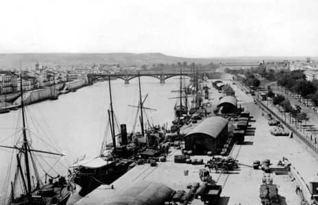 Pier in Seville, 1899 (b/w photo)