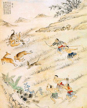 China / Taiwan: Aboriginal people hunting deer,  c.1750 (drawing)