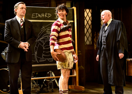 Michael Hamway playing Tredgold (centre, holding rugby ball), Alan Cox as Franklin, the new headmaster (left) & Richard Wilson (right) as the Headmaster in Alan Bennett's play Forty Years On, Chichester Festival Theatre, Chichester, Sussex, UK. 25.04.2017.