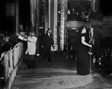 Billie Holiday with Bluesmen Hot Lips Page and Jimmie Evans at Apollo Theatre New York, 1944 (b/w photo)