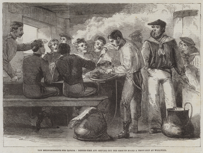 The Reinforcements for Canada, Dinner-Time and serving out the Grog on Board a Troop-Ship at Woolwich (engraving)