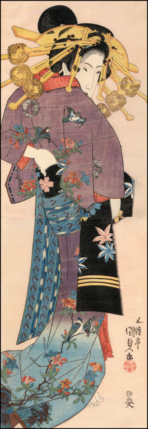 Japan: An elaborately dressed standing woman. Ukiyo-e by Utagawa Kunisada (1786-1865), c.1820