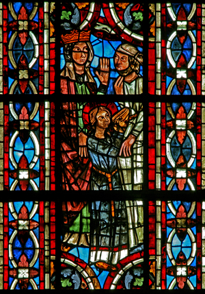Window w211 depicting a scene from the life of St Helen: the Miracle of the vessel that turned into gold (stained glass)