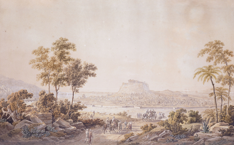 Figures Approaching the City of Athens, Greece, c.1800 (pencil, pen and ink and watercolour)