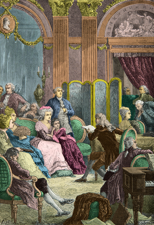 Reading of Paul et Virginie by Bernardin de Saint Pierre in Madame Necker's salons in Paris (Engraving)