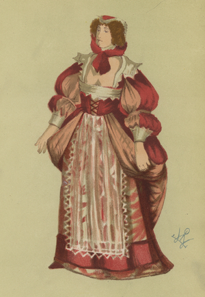 Women's costume of the reign of Charles II, 1670 (colour litho)