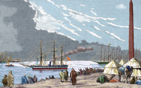 Egypt. The Spanish frigate 'Berenguela' by the Suez Canal.