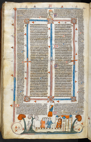 A bas-de-page scene of a group of men behind a wall, and another group in a doorway