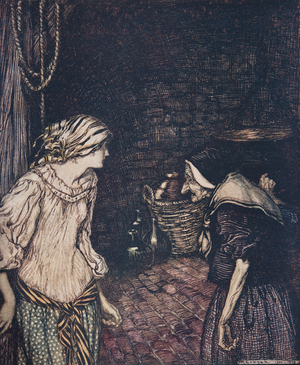 "At last she reached the cellar, and there she found an old, old woman with a shaking head ..", from The Fairy Tales of the Brothers Grimm, pub. 1909 (colour litho)
