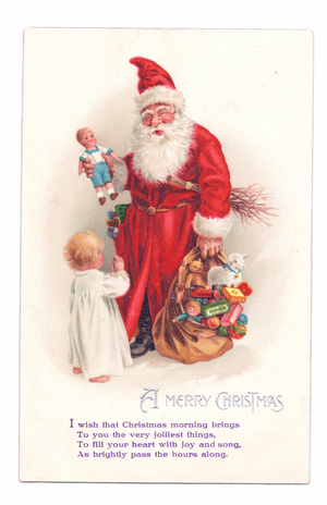 Edwardian Christmas postcard of Father Christmas holding a sack of toys and showing a doll to a child, c.1910 (colour litho)
