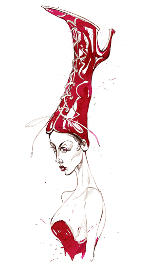 Red high boot hat: from a series inspired by Elsa Schiaparell i's shoe-shaped hat