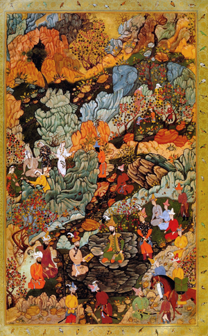 India: The Mughal Emperor Humayun seated with his brothers and members of the royal court in a rural setting, c. 1550