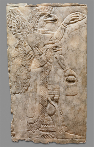 Relief panel of winged eagle-headed supernatural figure, c.883-59 B.C. (gypsum alabaster)
