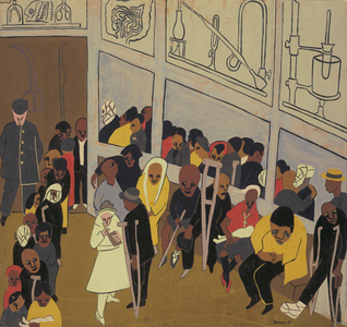 Free Clinic, 1937 (gouache on tan wove paper, laid down on ivory cardboard)