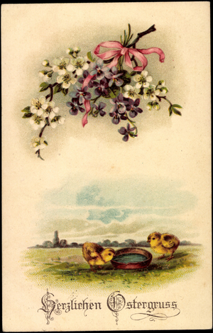 Artist Litho Happy Easter, Chick, Flowers