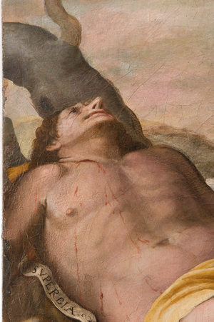 St Michael the Archangel stepping on the personifications of capital vices (detail), c.1550-55 (oil on canvas)