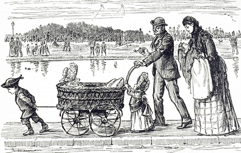 An engraving depicting a father pushing  a perambulator through a park in London. His children and wife walk with him, 19th century