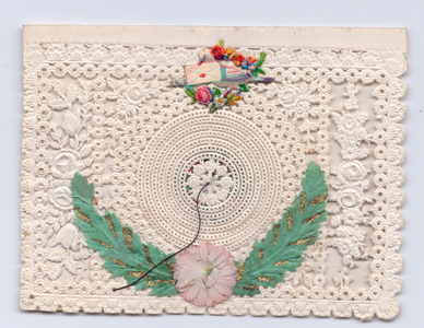 Victorian beehive greeting card with a dove holding an envelope, c.1880 (paper lace)