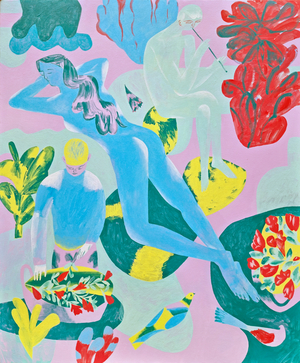 Birds and two baskets of flowers, 2023 (acrylic on canvas)