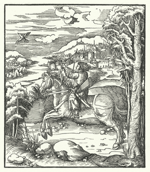 Archduke Maximilian of Austria hunting on horseback (engraving)