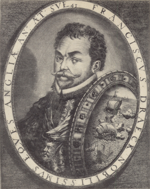 Sir Francis Drake (1540-1596), English sea captain, navigator and privateer (litho)