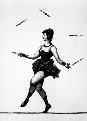 Woman juggling knives while walking tightrope (woodcut)