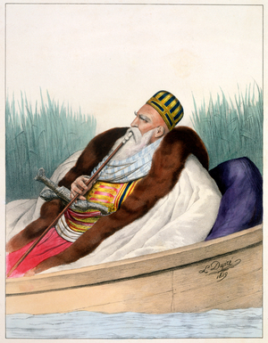 Ali Pacha de Janina in a Boat on Lake Butrinte in 1819 - Plate VII, engraved by Lemercier from 'Voyage à Athènes et a à Constantinople', written and illustrated by Dupre, 1828 (colour litho)