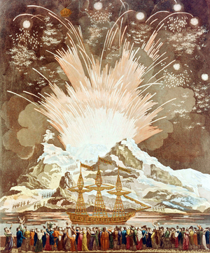 firework during celebrations for the wedding of French emperor Napoleon 1st and empress Josephine his first wife (civil wedding in 1796-1809 religious wedding in 1804-1810), along the banks of the river Seine in Paris on december 02, 1804, engraving colored by Louis Le Coeur