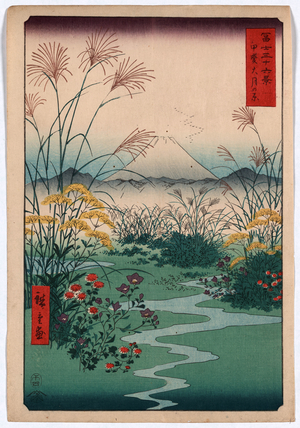 Kai Outsuki No Hara, Otsuki Fields in Kai Province. 1858., 1 Print : Woodcut, Color ; 36 X 24.8 ., Print Shows Wild Flowers and a Small Brook in a Field, with Mountains and a View of Mount Fuji in the Background.