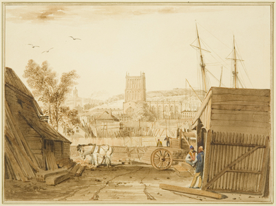 View from Acraman's Timber-yard, Wapping, with a view towards the Cathedral, 1826 (pencil and watercolour on paper)