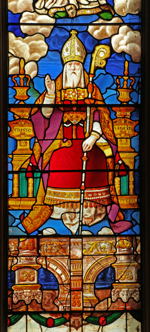 Window N2 depicting St Nicholas: a transformed figure of God the Father originally at the top of a Tree of Jesse still at St George's Hanover Square (stained glass)