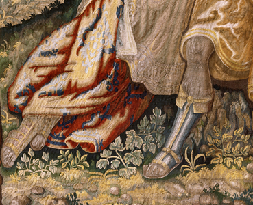 Flemish tapestry. Series Gallantry (Galante). Couple with musician (Pareja con músico). Manufacture Brussels, early 17th century. Fabric Silk and wool, 5/6 warps per cm. Size 348 x 263 cm. Location Church of San Millán de la Cogolla, Oncala (Soria). Origin A donation by Bishop Juan Francisco Ximénez del Río, ca 1800.