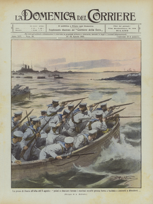 The capture of Zuara at dawn on August 5, the first to disembark were the sailors attacked on the ground  (colour litho)