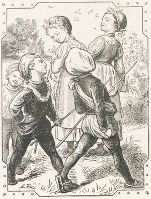 The guard follows the two officers and the three of them walk around the Tower singing., 1880 (engraving)