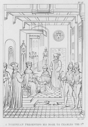 A Dominican presenting his book to Charles the 7th (engraving)