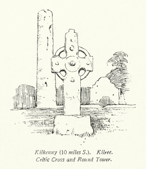 Kilkenny, 10 miles S, Kilree, Celtic Cross and Round Tower (litho)
