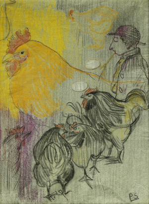 Chickens; Poulets, (pastel on paper)