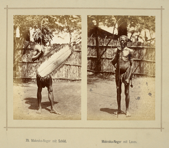 (Right): Portrait of a Zande man wearing a feather headdress and holding a fringed wicker-work shield and long throwing knife.
(lLeft): Portrait of a Zande man holding a spear, possibly a fishing spear. He has a small barkcloth loin covering and a knife at his right hip.