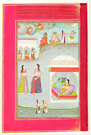 Labdhapraudha Nayika: Lovers in a pavilion, Kama, Brahma and Sarasvati above, 1750 (opaque w/c & gold on paper)