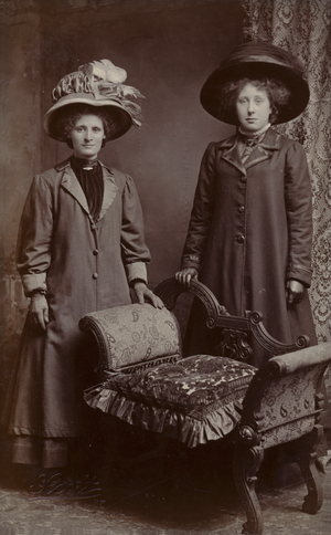 Two middle class women in their finery (b/w photo)