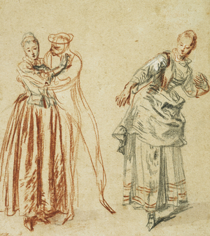 A scene from  the commedia dell'arte: A girl resisting the advances of a comedian, and an actress executing a step, c.1718 (black lead, red, black and white chalk)