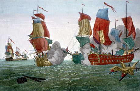 American Revolutionary War: Battle of Flamborough Head, East Yorkshire, England, 22 Sept. 1779, between the American John Paul Jones and British vessel 'Serapis' under Capt. Richard Pearson. Jones captured 'Serapis. Print 1780. 